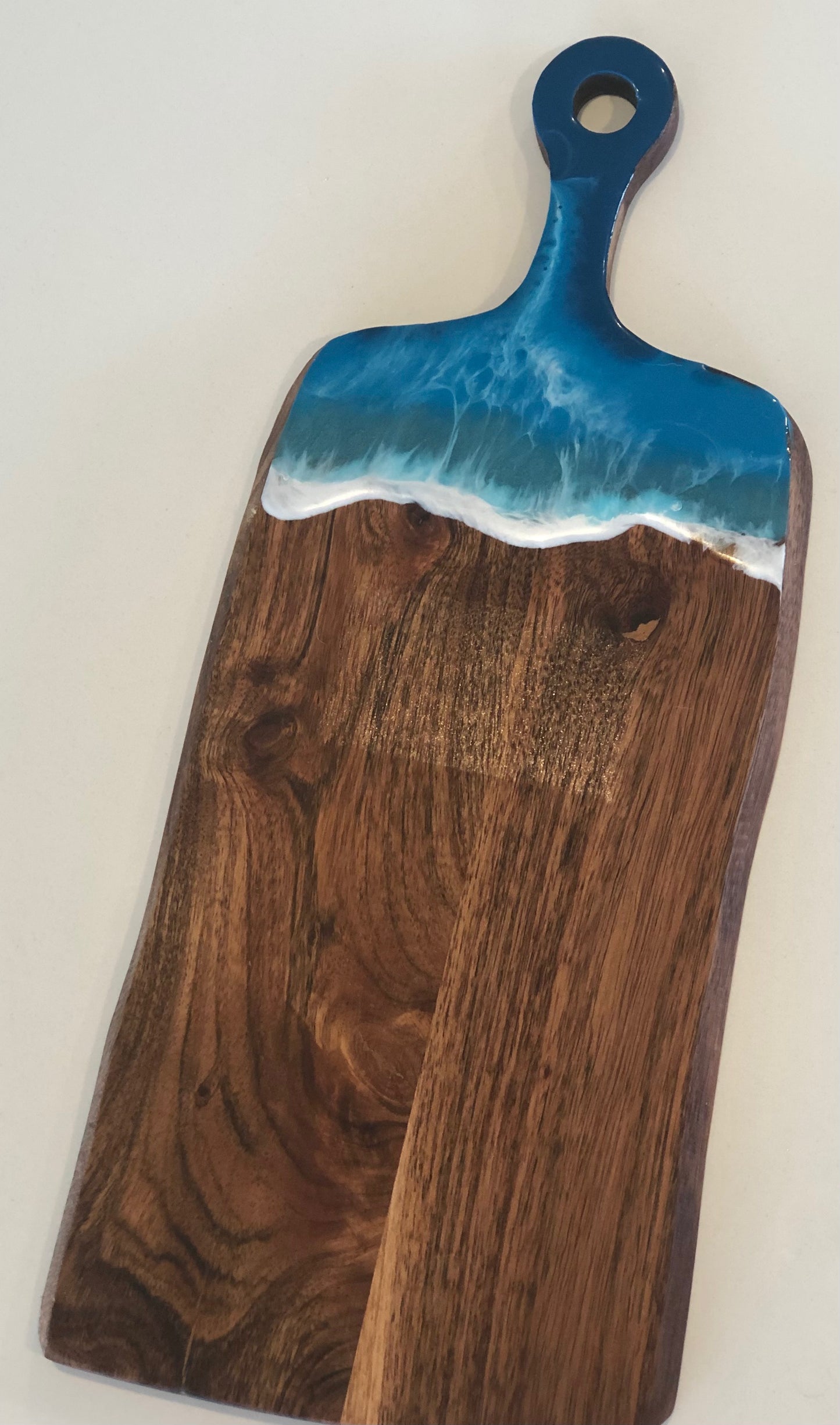 Small rustic Acacia paddle board with wave art