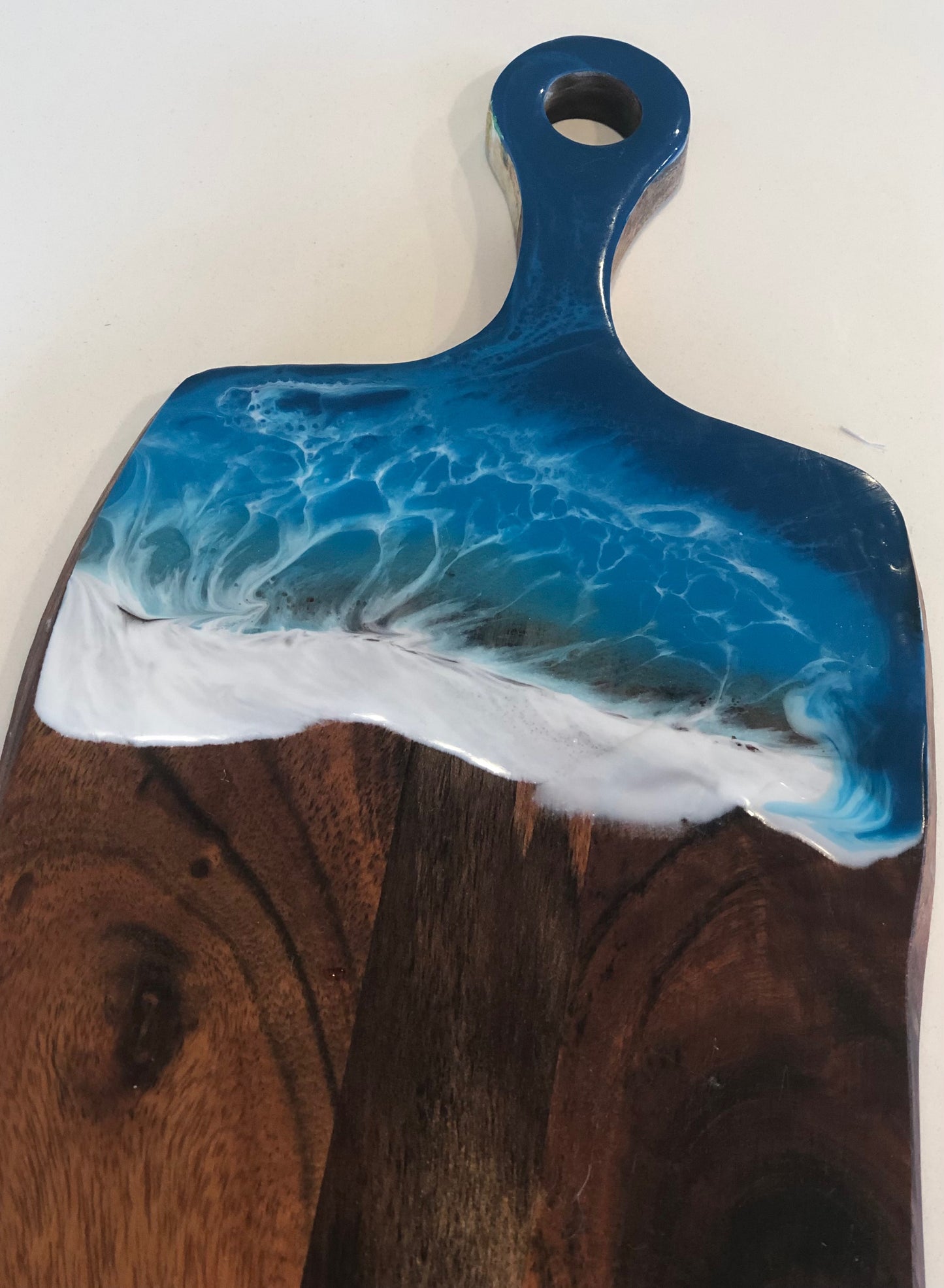 Small rustic Acacia paddle board with wave art